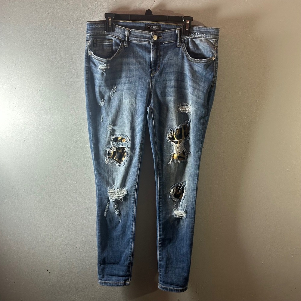 Judy Blue‎ Distressed Leopard Patch Skinny Jeans Women's Size 15x32